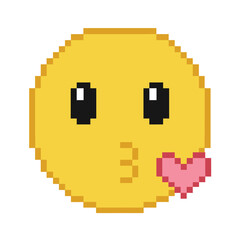 Obraz premium Pixelated emoji face sending a kiss with a heart.