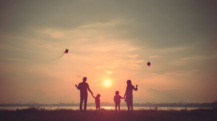 Fototapeta premium Silhouette a happy family enjoying a sunset a kite balloon.