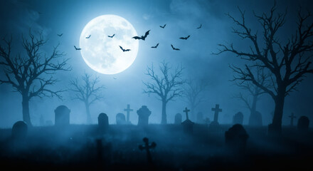 Fototapeta premium Foggy Halloween night in a graveyard, full moon in the sky, silhouetted tombstones