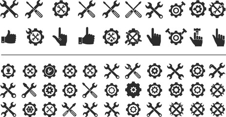 Settings and tools vector icon set, with various repair and configuration symbols like wrenches, gears, and hand gestures for design projects.
