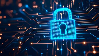 Cybersecurity concept: glowing blue padlock on intricate circuit board background, symbolizing digital data protection.