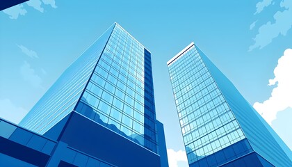 Obraz premium Two modern skyscrapers with glass facades reaching towards a bright blue sky, captured from a low-angle perspective.