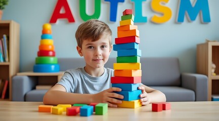 Young boy with autism playing with colorful blocks in a classroom setting