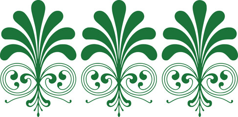 Elegant Green Floral Pattern Featuring Symmetrical Arrangements and Intricate Scrollwork Design Creating a Visually Appealing and Decorative Element for Various Applications