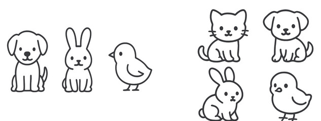 Obraz premium Playful cartoon animals including dogs, cats, rabbits, and birds in a cheerful lineup on a simple background