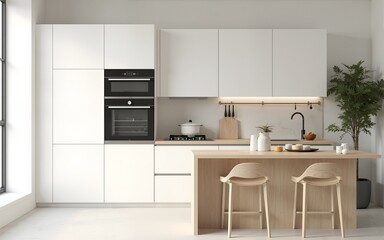 Fototapeta premium Minimalist kitchen interior design with white cabinets and wooden countertops in neutral tones, modern furnishing concept with natural lighting and details. 3D Rendering. High quality
