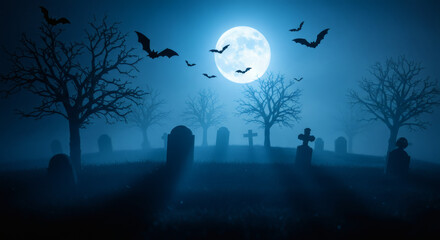 Foggy Halloween night in a graveyard, full moon in the sky, silhouetted tombstones