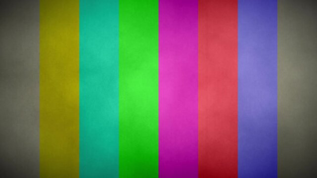 old vintage broadcast television colour bars retro film strip effect background with an old damaged worn sepia film overlay with scratches and grainy texture with a heavy dark vignette 4K