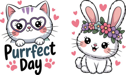 Adorable kawaii cat, cute bunny artwork, Purrfect Day quote, pastel animal cartoon, floral headband bunny, pink heart illustration, children's print design, sweet vector characters