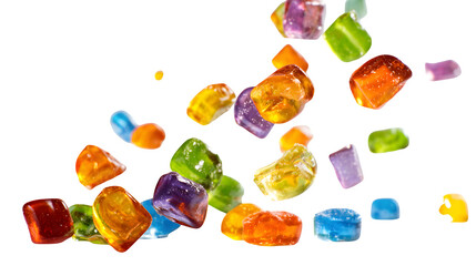 Assorted falling colorful candy pieces on a white background