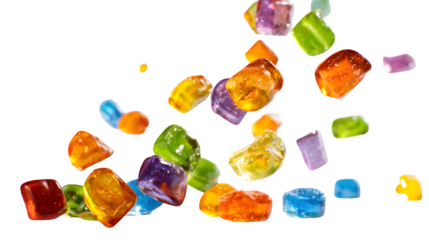 Assorted falling colorful candy pieces on a white background