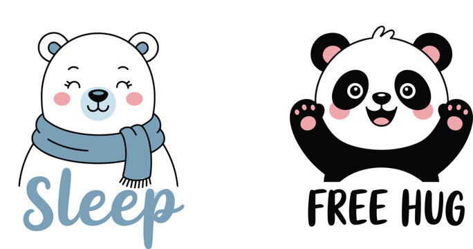 Cute animal illustration, cartoon bear design, kawaii panda art, baby nursery wall decor, kids poster with text, adorable animals, pastel colors, sleep free hug print