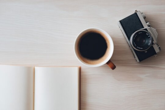 Warm coffee cup beside open notebook and retro camera on wooden - Powered by Adobe