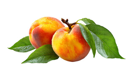 Fresh peaches with leaf and fuzz on a white background