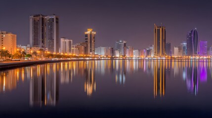 Fototapeta premium City skyline reflected in calm water at night.