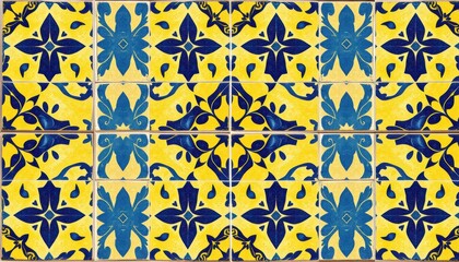 Intricate yellow and blue floral tile pattern with symmetrical repeating motifs
