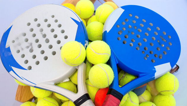 White and Blue Padel Rackets with Yellow Balls
