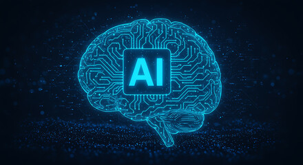 Glowing blue artificial intelligence brain circuit board technology digital