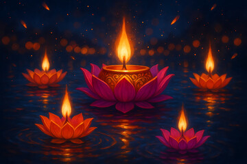 Floating Lotus Diyas on Water for Diwali Night Celebration