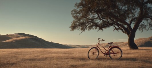 Fototapeta premium Vintage Red Bicycle Leaning on Lone Tree on Hillside at Golden Hour – Cinematic Peaceful Photorealistic Landscape