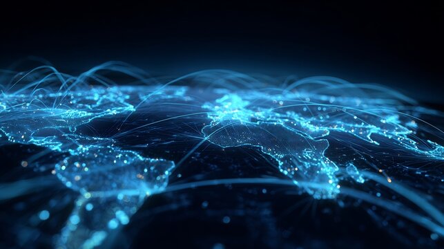 Abstract digital world map glowing connection lines global business concept network data flow high tech blue background cyber grid