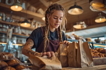 young female bakery worker with red hair in braids packing fresh pastries into paper bags at counter with warm lights and shelves in background, focused expression, concept of artisan bakery