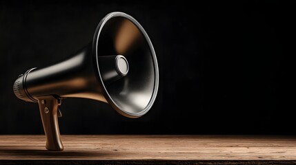 Black megaphone on a wooden surface against a dark background.