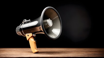 Black megaphone on a wooden surface.