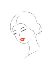 Fototapeta premium Profile of a girl in the art line style. Woman's face with closed eyes and red lips. State of light thoughtfulness, dreaminess, concentration, contemplation of the inner self. Vector lady's face logo