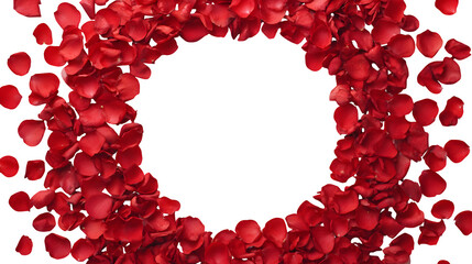 Red rose petals arranged in a circular frame on white background