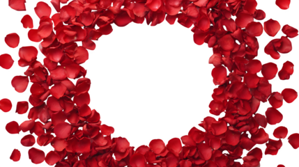 Red rose petals arranged in a circular frame on white background