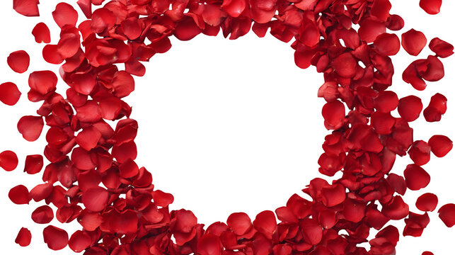 Red rose petals arranged in a circular frame on white background