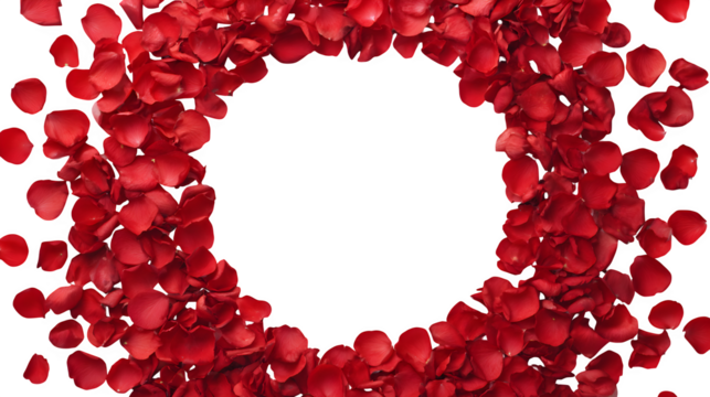 Red rose petals arranged in a circular frame on white background