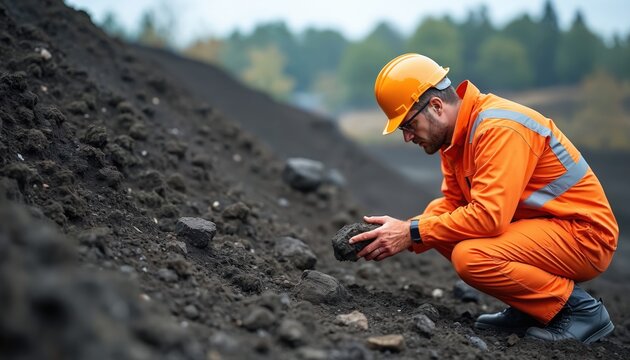 Geotechnical engineer in orange overalls, hard hat inspects soil sample at outdoor site. Professional conducts analysis of dirt, rocks for infrastructure development. Expert checks material quality