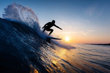 Surfer gliding along wave at sunrise with water spray in arc shape