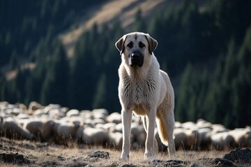 Obraz premium Anatolian Shepherd dog standing watch in mountain pasture with flock of sheep behind