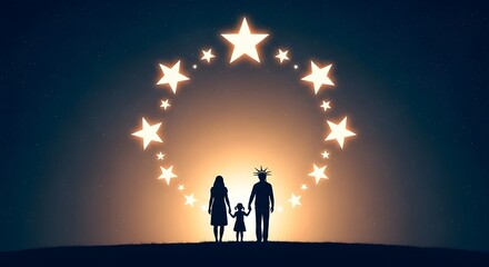 Silhouetted family stands together under a glowing ring of stars, representing unity and hope.