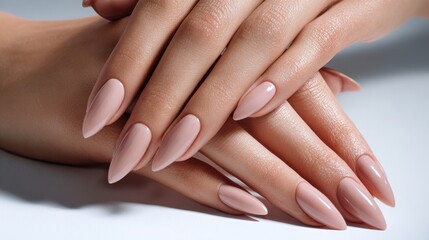 Fototapeta premium Close-up of manicured hands with light beige, pointed nails.