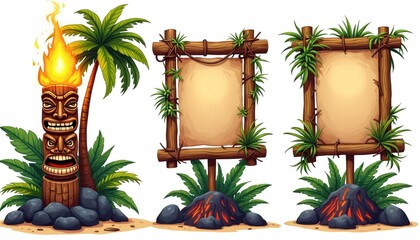 Collection of tribal art elements featuring tiki masks, bamboo frames, burning torches, old parchment. Perfect for Hawaiian, Polynesian, tropical-themed designs, banners, posters, bar signboards.