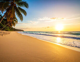 Empty sandy beach with palm trees. An empty tropical beach at sunset offers perfect tranquility. The light reflects on the smooth sand and water.