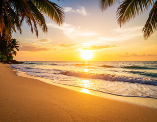 Tropical beach at sunset. Golden sunbeams reflect in the calm waters of a tropical palm-lined beach. The warm evening atmosphere invites you to relax.