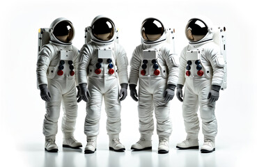 Four astronauts in white suits stand ready for space exploration. Their helmets reflect the void of outer space. These pioneers represent innovation, technology, and humanity quest for the unknown.