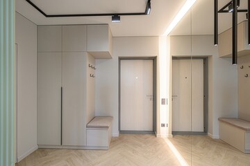 Modern entryway with neutral tones: light wood herringbone floor, storage cabinet, bench, door, mirror, and track lighting