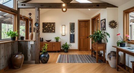 Rustic entryway with hardwood floors, exposed beams, and eclectic decor featuring plants and artwork.