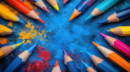 Colorful pencils arranged around a textured blue background