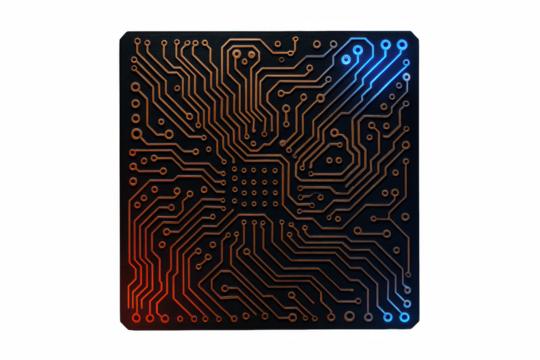 Intricate Copper Circuit Board with Glowing Red and Blue Energy Flow, Representing Advanced Technology and Data Transmission