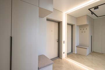 Modern entryway with neutral tones, built-in storage, a door, a full-length mirror, and herringbone wood flooring
