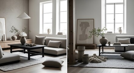 Modern minimalist living room interior design showcasing neutral tones, low seating, and natural elements.