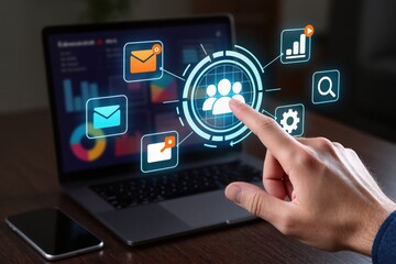 Digital marketing and CRM concept with hand selecting customer icon on virtual interface, surrounded by email, analytics, search, and settings icons, symbolizing business strategy and engagement.