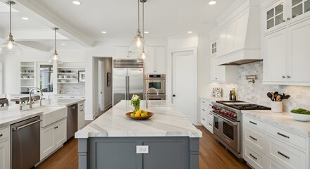 Bright, spacious kitchen with white cabinets, marble countertops, and a large island.